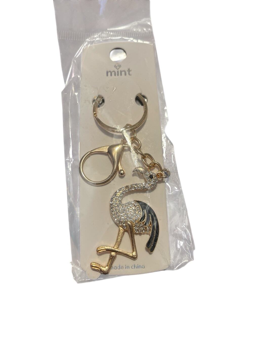 MINT FLAMINGO KEYCHAIN GOLD PLATED WITH SPARKLES WITH BLACK